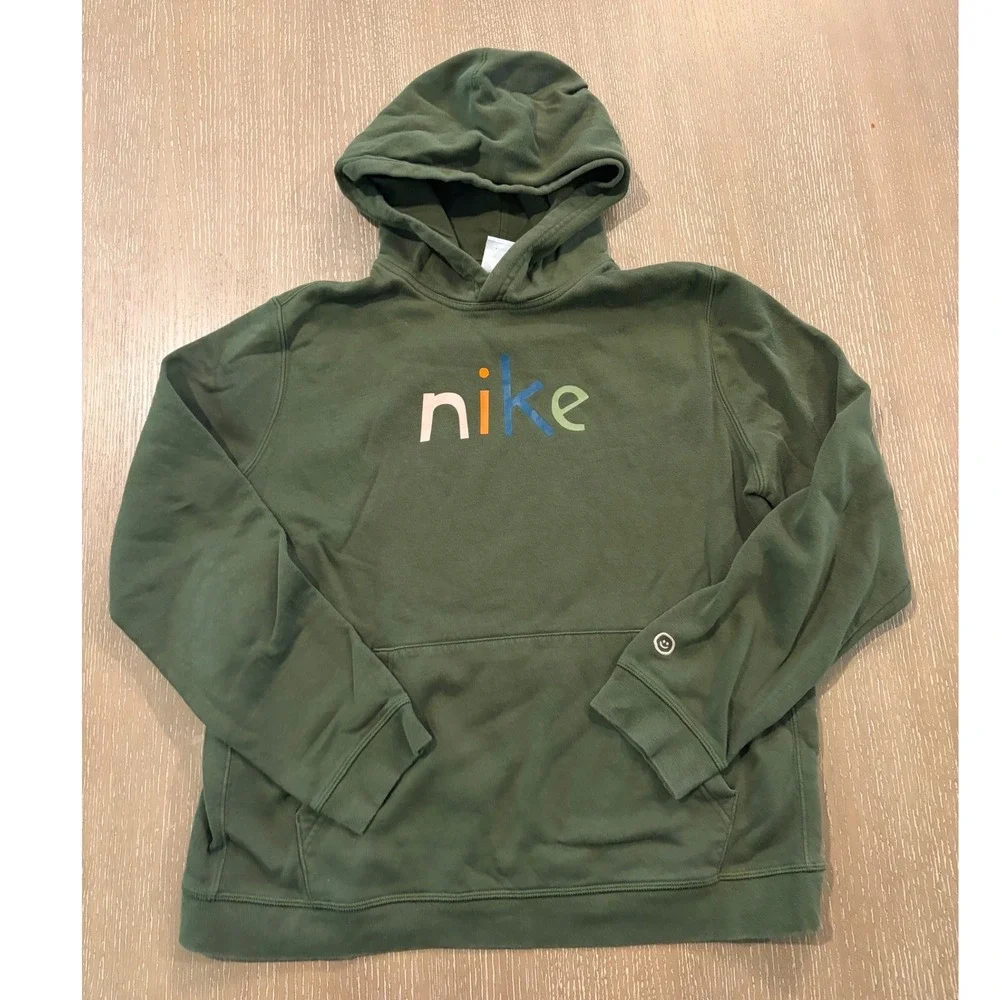 Nike‎ Hoodie Mens Medium Green Multicolor Spellout Pullover Sweatshirt